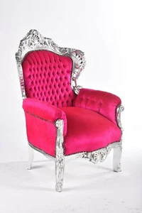 Grande poltrona singola con braccioli in legno barocco argento e velluto fucsia - Foto 1 di 2