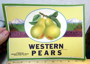 Vintage Original crate label, Western Pears Fruit crate, Wenatchee Washington - Picture 1 of 1
