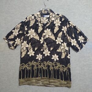 Half Moon Bay Men Button Up Shirt Medium Beige Floral Hawaiian Short Sleeve
