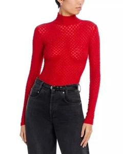 Frame Turtleneck Top Mesh Lace Sheer Cherry Red Long Sleeve Womens Size Medium - Picture 1 of 8