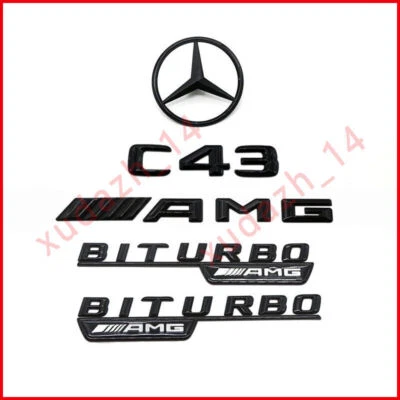 C43 AMG BITURBO Rear Star Emblem Gloss Black Badge Logo Set for W205 - Image 1 of 4