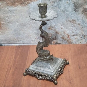 VTG Castilian Asian Figural Koi Fish Solid Brass Porcelain Candle Holder - Picture 1 of 14