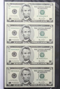 2006 $5 Federal Reserve Note Uncut Sheet of 4 - Picture 1 of 5