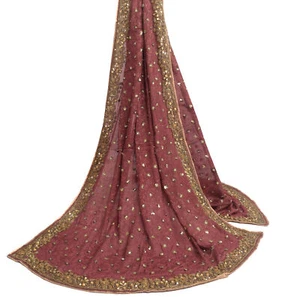 Sushila Vintage kastanienbraun schwer Georgette Seide Dupatta handgeperlen lange Stola Halstuch - Bild 1 von 9