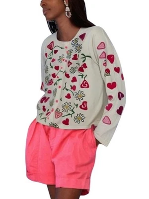 Cárdigan Michael Simon 100% Algodón Rosa Rojo Bordado Corazones Flores Mediano Foto 1 de 4