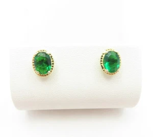 Sterling Silver Vermeil ~8x6mm Oval Green Glass Stud Earrings - Picture 1 of 4