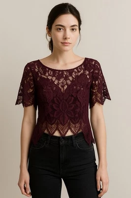 Top Corto Express Y2K Crochet Encaje Borgoña XS Bruja Gótico Grunge Vampy Moto Foto 1 de 4