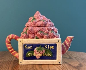 Gebrauchte Vintage 1995 Cardinal Inc rote reife Erdbeeren in einer Kiste Teekanne - Bild 1 von 6