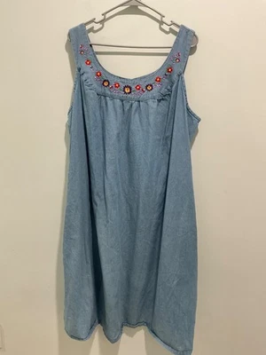 Only Necessities Denim Dress 3X Embroidered Floral Prairie Cottage Peasant Grand - Image 1 of 4