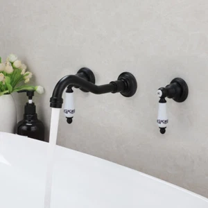 Black 2 Handle Wall Mount Waterfall Bath Tub Basin Mixer Vessel Sink Faucet Tap - Picture 1 of 9