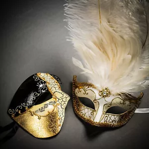Black Gold Phantom Half Face Musical & White Mardi Gras Tall Feather Couple Mask - Picture 1 of 9