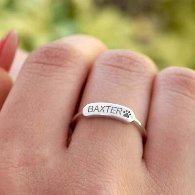 Custom Paw Print Name Ring 925 Sterling Silver Pet Memorial Band Handmade Gift - Image 1 of 4