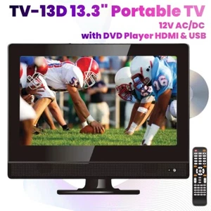 TV-13D 13.3" Portable TV HD LED Display 12V AC/DC HDTV w/ DVD Player HDMI & USB - Picture 1 of 13