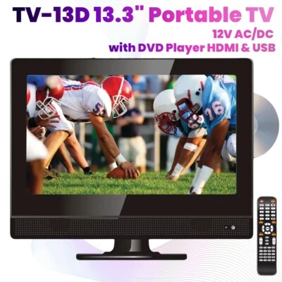 TV-13D 13.3" Portable TV HD LED Display 12V AC/DC HDTV w/ DVD Player HDMI & USB  - Image 1 of 4