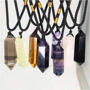 Natural Stone Hexagonal Points Pendant Healing Crystal Amulet Unisex Necklace - Picture 1 of 19