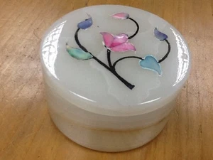 Round Onyx/Marble Trinket/Jewellery Box Mother Of Pearl Inlaid Lid 4" 10cm Gift - Picture 1 of 10