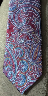 New Mens Silk Tie Pronto Uomo Paisley Blue Burgundy Wine 59" Necktie 3" Wide - Image 1 of 4