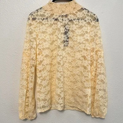 Women's Sheer Floral Lace Mock Neck Cream Top Going Out Fairy Coquette Feminine - Image 1 of 4