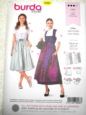 Burda 6268 Dirndl Style Jumper Blouse Apron Costume Size 8-18 Sewing Pattern - Image 1 of 2