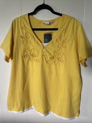 D & Co. V-neck Yellow shirt With Cut work And Piping 1X -NEW- - Image 1 of 4
