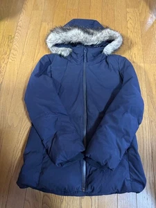 Uniqlo Down Jacket Men's L Navy Furry Hood Rib Cuff Used - Picture 1 of 4