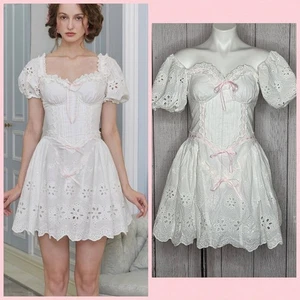 Vestido Corsé Malvavisco Lacado Blanco Ojales Encaje Bo Peep Cottagecore, Grande - Imagen 1 de 14