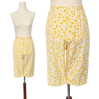 1960s Vintage Shorts 60s High Waist Bermuda Yellow Flower Power Small ILGWU Mod - Image 1 of 4