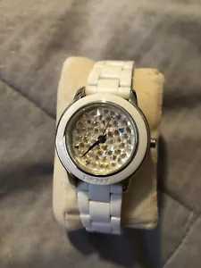 DKNY WHITE ACRYLIC BAND+SILVER TONE DIAL PAVE CRYSTAL WATCH (Need Battery) - Picture 1 of 4