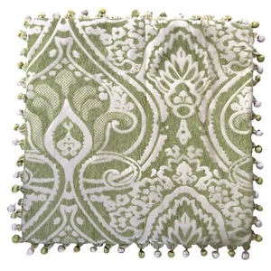 Pier 1 Throw Pillow Cover Demedici Green White Scrolled Pom Pom Fringe 20 x 20 - Picture 1 of 9