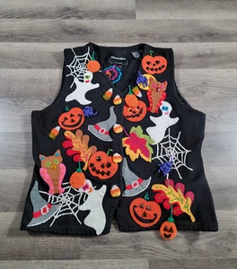GORGEOUS 90s Vintage Michael Simon Halloween Vest Embroidered Spooky Knit Medium - Picture 1 of 17