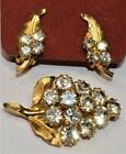 50S Goldtone Clear Rhinestones Lilac Brush Shape Set Clip-On Earrings Pin Brooch
