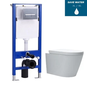 Bathroom Rimless Wall Hung Toilet Pan & 1.14m Concealed WC Cistern Frame Set - Picture 1 of 12