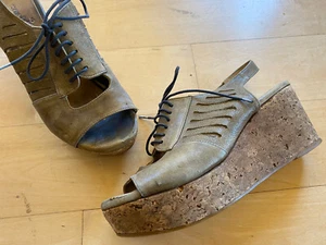 COCLICO Pierced Leather Lace Up Cork Platform Wedge Tie Sandals Brown 37 7 $395 - Picture 1 of 11