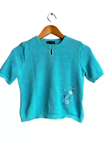 Vintage Aqua Blue Short Sleeve Knit Top Embroidered and Beaded Sweater Size S - Picture 1 of 5