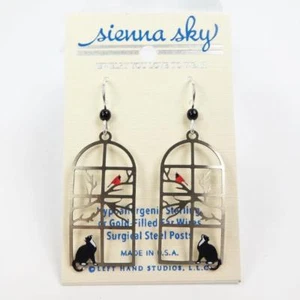 Sienna Sky Earrings Sterling Silver Hook Cat Watching Bird in Window Handmade - Picture 1 of 4