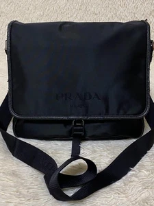PRADA MILANO Logo Tessuto Messenger Shoulder Bag Nylon Leather Black SHW Used - Picture 1 of 20