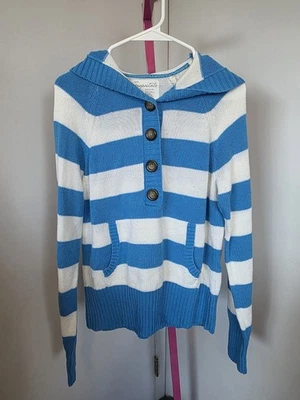 Aeropostale Blue & White Striped Henley Hoodie Sweater | Size Large | Casual  - Image 1 of 4