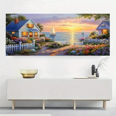 Panoramic Cottage Sunset Seascape Canvas Wall Art Home Décor Picture - Image 1 of 4