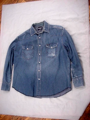 Vintage Wrangler Pearl Snap Shirt Men's Blue Denim Trashed Workwear - Image 1 of 4