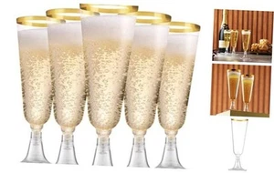 100 Pack Gold Plastic Champagne Flutes, 5 Oz Clear Plastic Toasting Glasses - Picture 1 of 8
