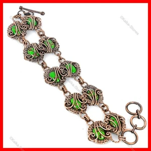 Copper Green Turquoise Gemstone Copper Chain Wire Wrapped Daughter Gift Bracelet - Picture 1 of 3