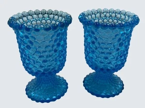 Vtg  Blue Hobnail Glass Candle Holders Pair Pedestal Style with Scalloped Rim - Picture 1 of 13