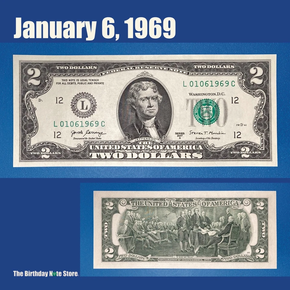 January 6, 1969 Birthday Anniversary $2 Two Dollar Bill Serial Number 01061969 - Image 1 of 2