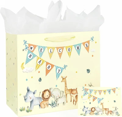 13英寸大号男孩女孩婴儿淋浴礼品袋带纸巾和问候  — 第 1/4 张图片