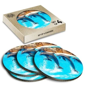 4 x Boxed Round Coasters - Jumping Dolphins Dolphin #12949 - Picture 1 of 7