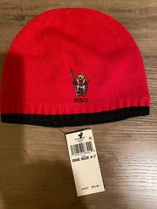 NWT Ralph Lauren Boys Red Polo Ski Bear Knit Beanie Hat Sz. 4-7 - Picture 1 of 3