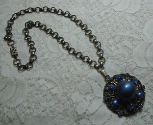 BLUE MOONGLOW LUCITE MEDIEVAL STYLE PENDANT PEWTER TONE BOOK CHAIN NECKLACE 18" - Picture 1 of 2