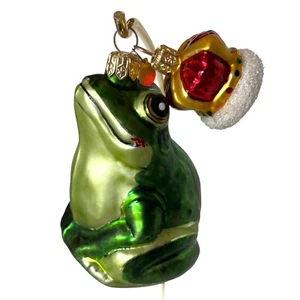 Vintage Dept. 56 Polish Hand Blown Glass Green Frog & Crown Ornament - Imagen 1 de 7