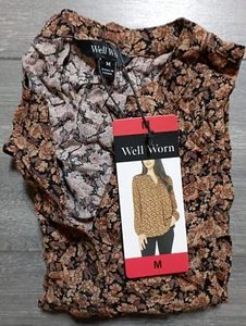 Well Worn Shirt Adult Medium Brown Floral Blouse V-Neck Spring Summer Womens - Picture 1 of 6