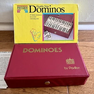 Pavilion Double Nine Dominos 1992 juego completo 55 dominó granate estuche rojo - Imagen 1 de 6